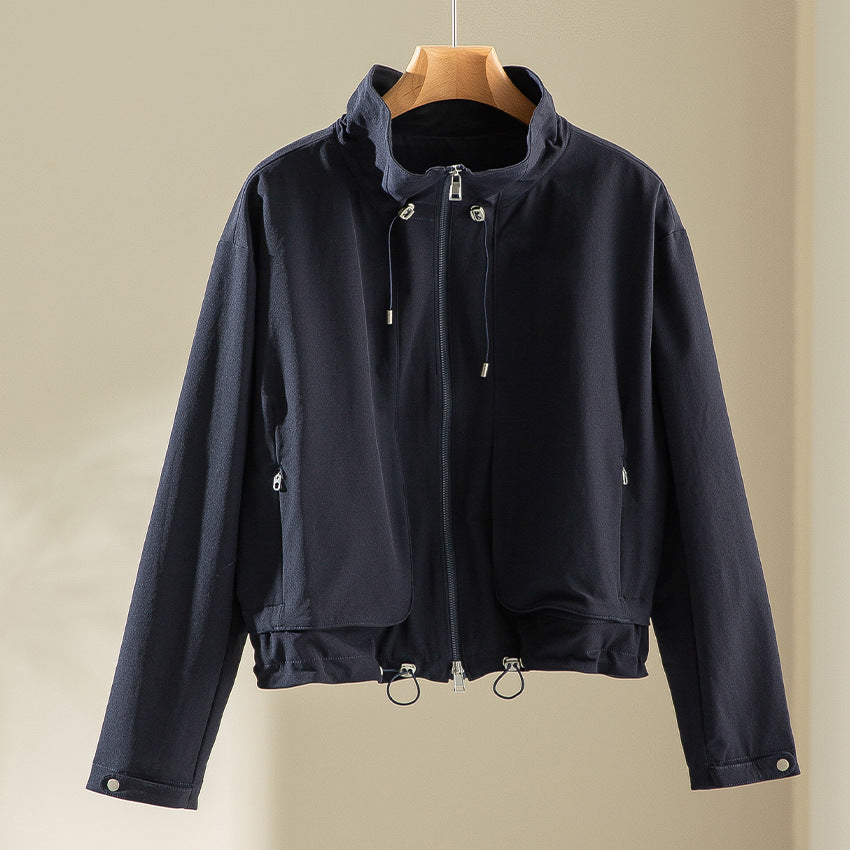 Women's Lightweight Short Jacket with High Collar, Drawstring and Patch Pockets Mune Fashion