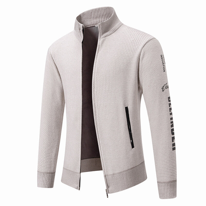 Men's Structured Knit Zip Jacket with Waffle Texture, Stand Collar and Zipper Pockets Mune Fashion