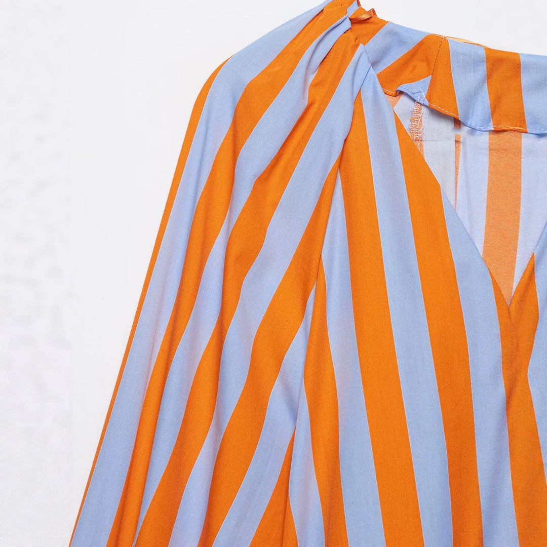 Women's Striped V-Neck Tunic Blouse with Balloon Sleeves and Drawstring Detail