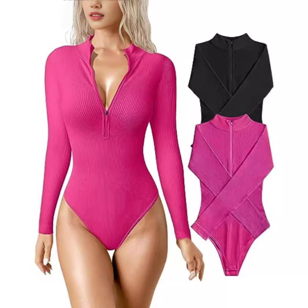 Women Slim-Fitting Ribbed Long Sleeve with Half Zip and Stand-Up Collar Mune Fashion