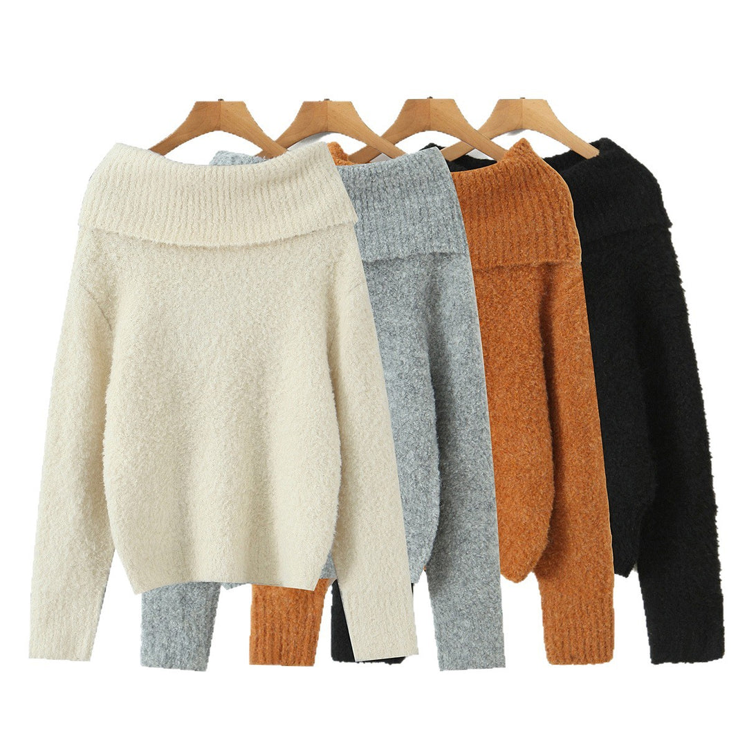 Women's Off-Shoulder Oversized Knit Sweater with Wide Folded Collar and Voluminous Sleeves Mune Fashion