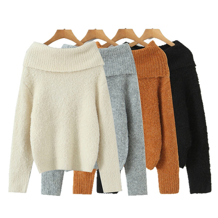 Women's Off-Shoulder Oversized Knit Sweater with Wide Folded Collar and Voluminous Sleeves Mune Fashion