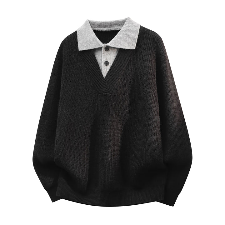 Men's chunky knit pullover with deep V-neck and contrasting polo collar Mune Fashion