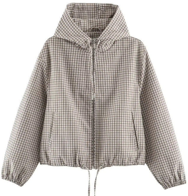 Women Checked Cropped Hoodie with Drawstring Hem and Two-Way Zip Mune Fashion