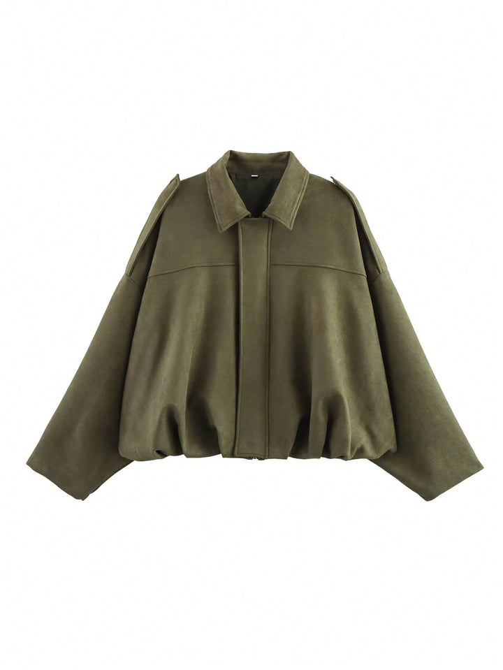 Women's loose short jacket with balloon hem, concealed closure and shoulder flaps Mune Fashion