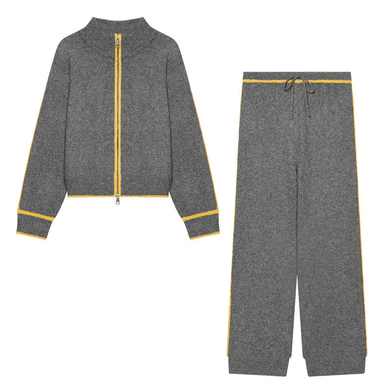 Women Two-Piece Knit Loungewear Set with Short Zip Cardigan and High Waist Palazzo Pants Mune Fashion