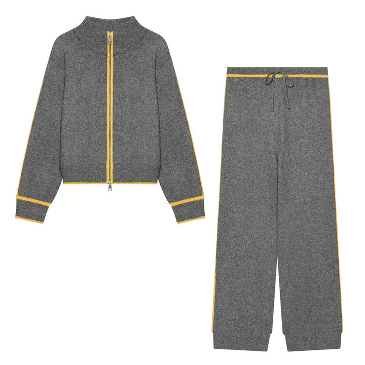 Women Two-Piece Knit Loungewear Set with Short Zip Cardigan and High Waist Palazzo Pants Mune Fashion