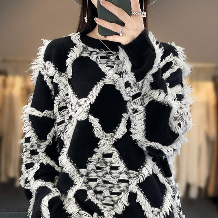 Women's Oversized Knit Sweater with Fringe Diamond Pattern and Soft Mohair Look Mune Fashion