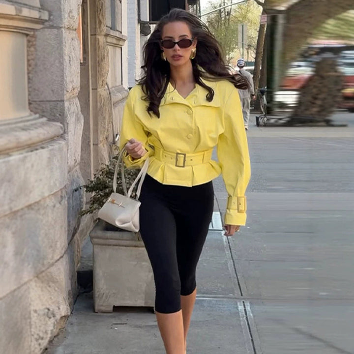 Women's short jacket with waist belt, high stand-up collar, and decorative cuffs Mune Fashion
