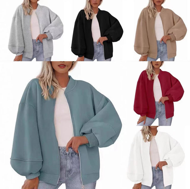 Women's Oversize Bomber Jacket with Balloon Sleeves and Zipper