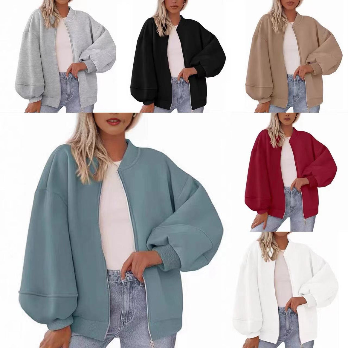 Women's Oversized Bomber Jacket with Balloon Sleeves and Continuous Zipper Mune Fashion