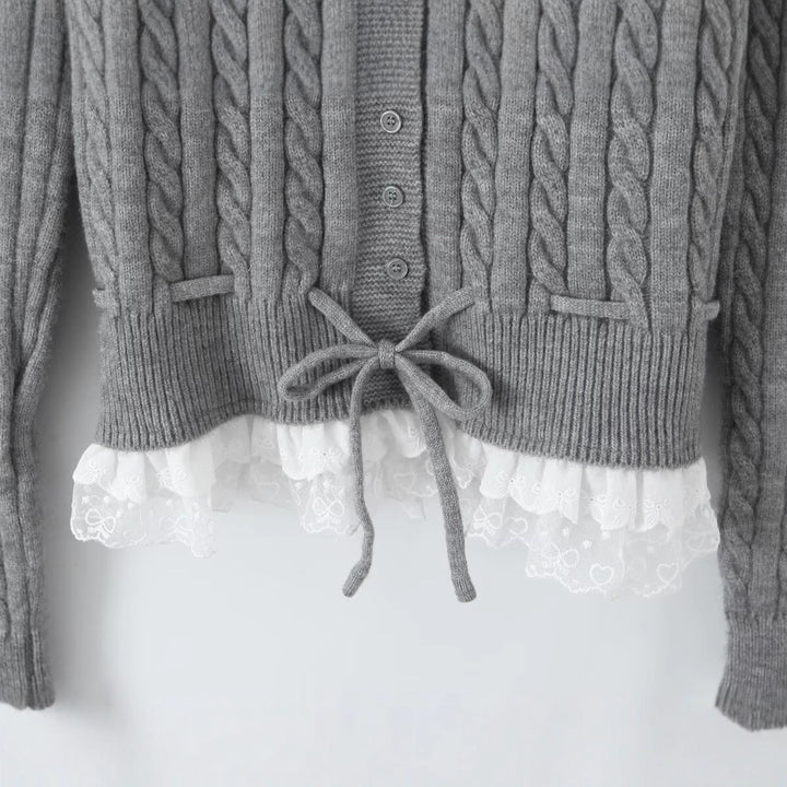 Women's cardigan with cable pattern, button placket, and lace frill Mune Fashion