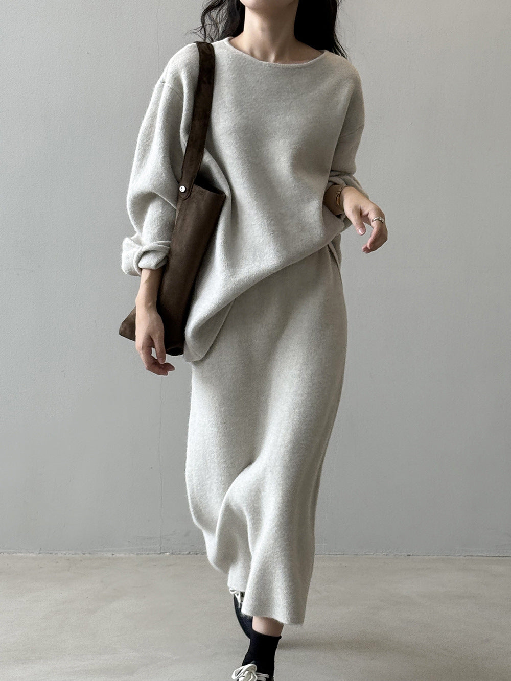 Women Cozy Knit Set Oversized Sweater with Wide Round Neckline and Midi Skirt Mune Fashion