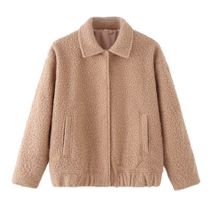 Women's Short Boucle Teddy Jacket with Shirt Collar, Welt Pockets and Elastic Hem Mune Fashion
