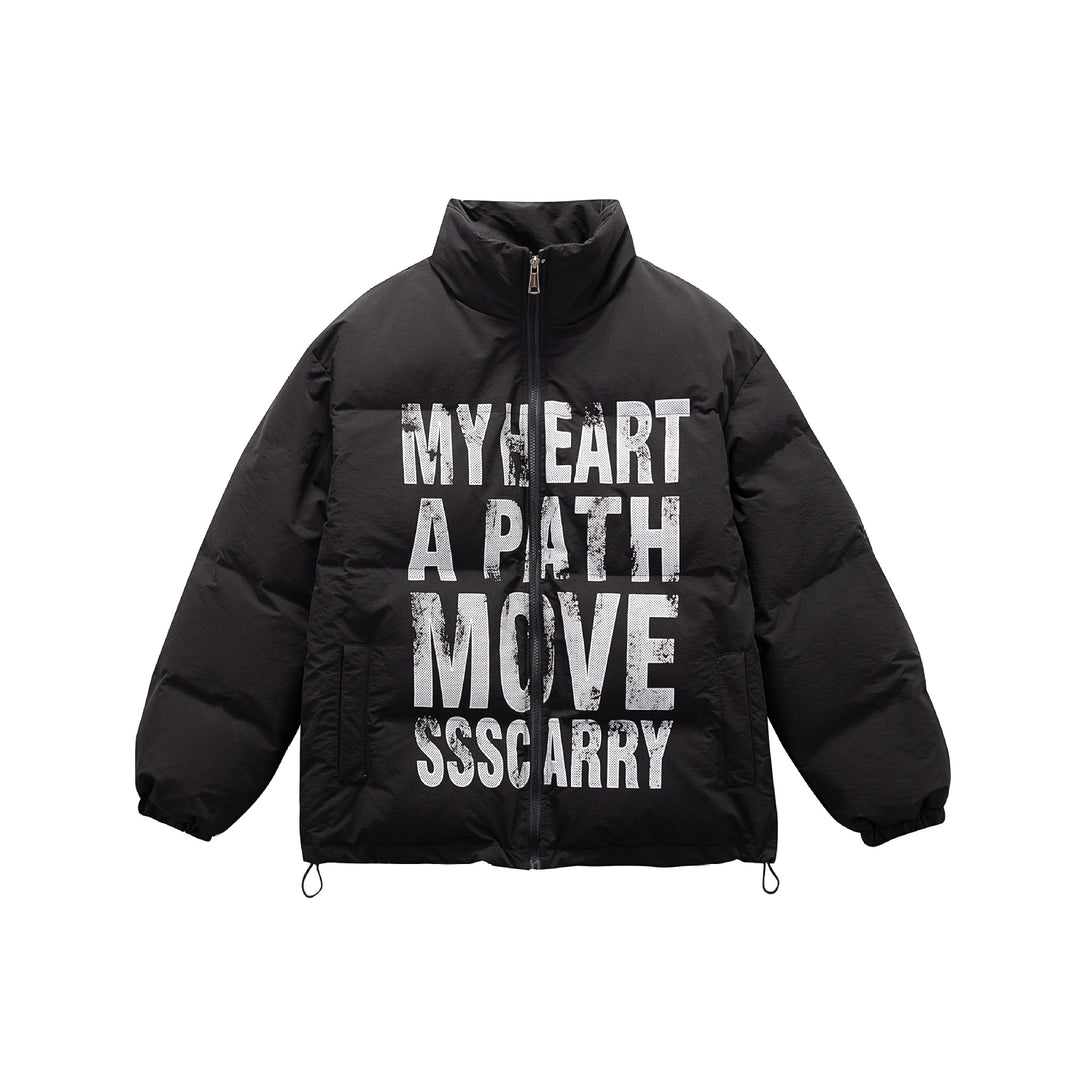Unisex Oversized Padded Jacket with High Stand Collar and Statement Print Mune Fashion