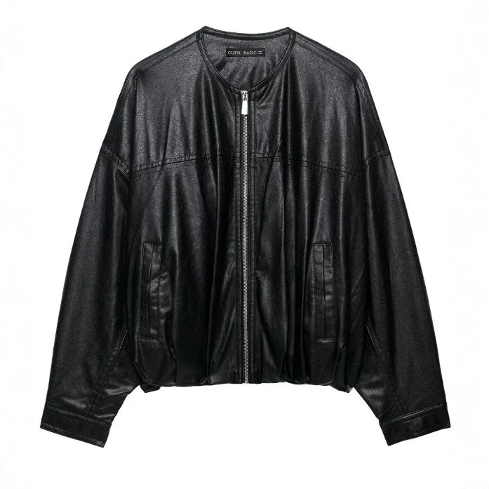 Women's Oversize Cropped Faux Leather Bomber Jacket with Round Neck and Elastic Hem Mune Fashion