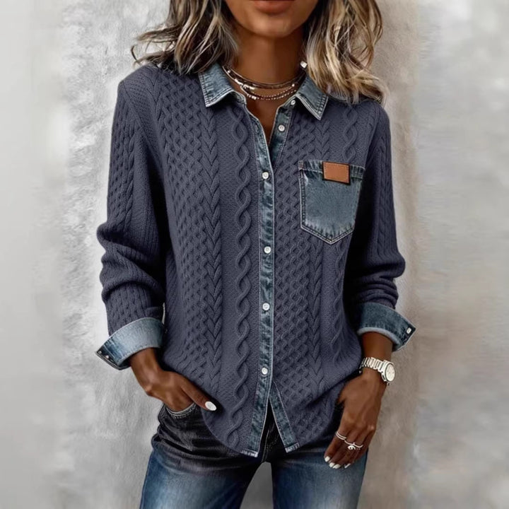Women's braided knit sweater with integrated denim collar and chest pocket Mune Fashion