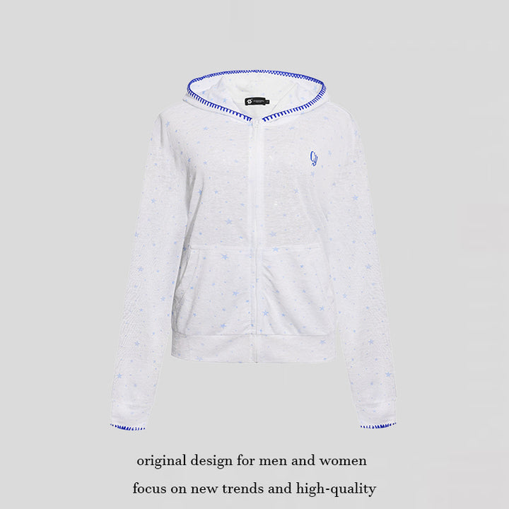 Women's Lightweight Hooded Zip Cardigan with Allover Stars and Decorative Stitching