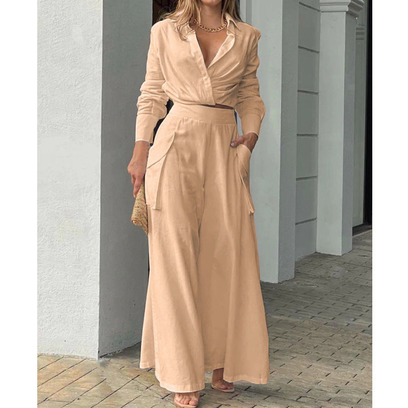Women's high-waisted wide Palazzo pants with side cargo pocket and flowing silhouette