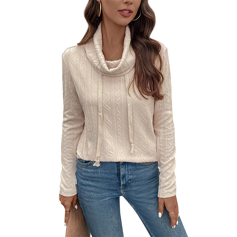 Ladies fine knit cowl neck pullover with drawstring and cable knit detail Mune Fashion