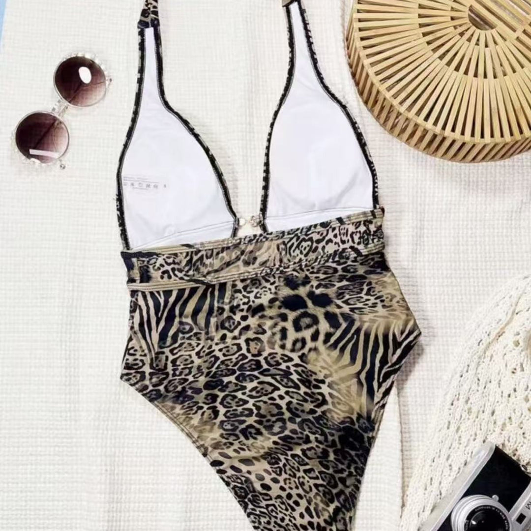 Women's One-Piece Swimsuit with Deep V-Neck and Fashionable Animal Print Mune Fashion