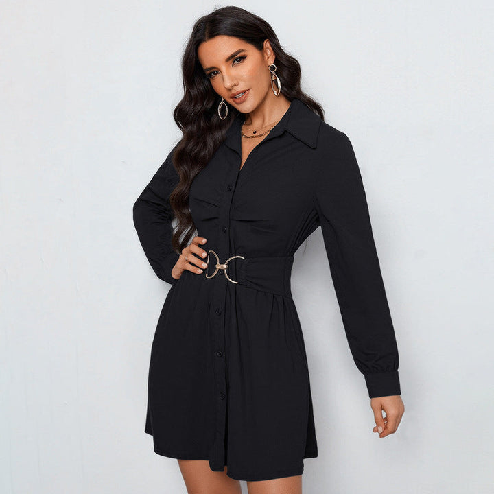Ladies shirt blouse mini dress with waist belt and decorative metal ring Mune Fashion
