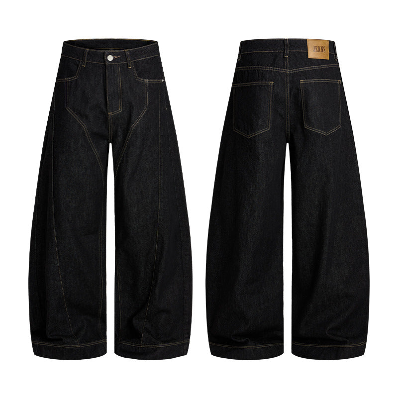 Men's Oversized Denim Palazzo Pants with Sculptural Panel Seams and Deep Crotch Mune Fashion