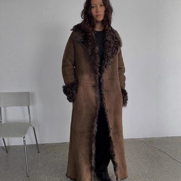 Women's Maxi-Length Faux Velvet Coat in Shearling Style with Shawl Collar and Button Placket Mune Fashion