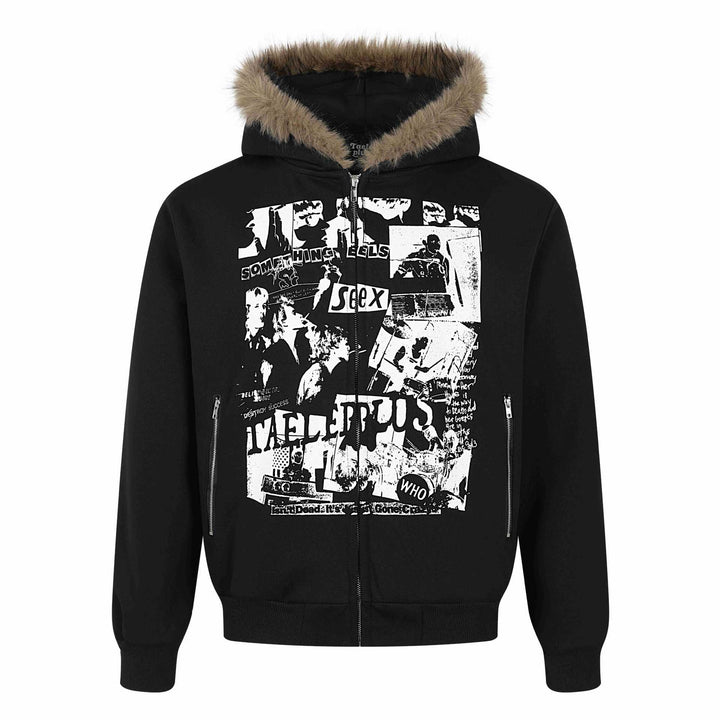 Women's hooded sweatshirt jacket with artificial fur trim, front zip and collage print Mune Fashion