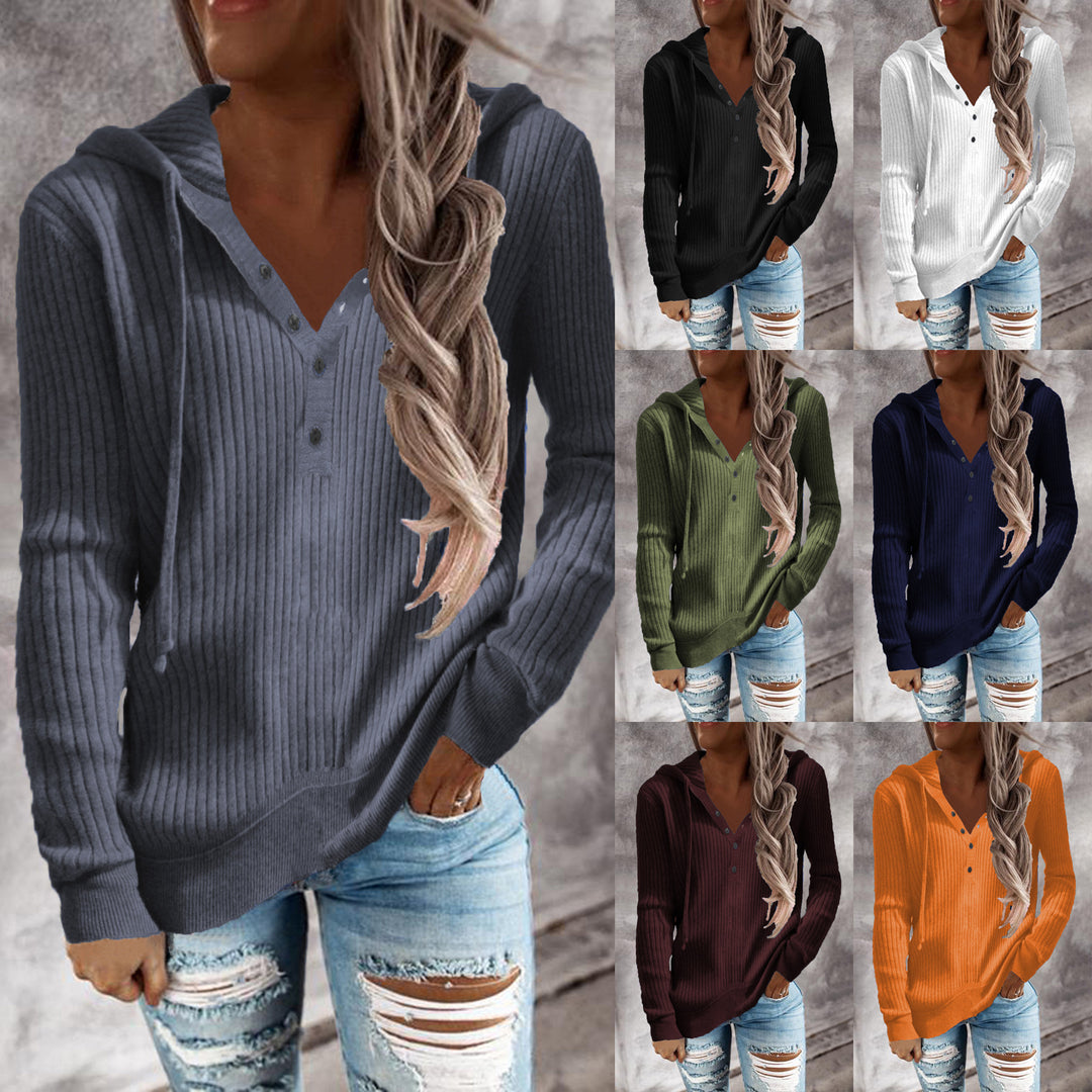 Women's Casual Ribbed Hoodie Sweater with Henley Button Placket and Drawstring Hood