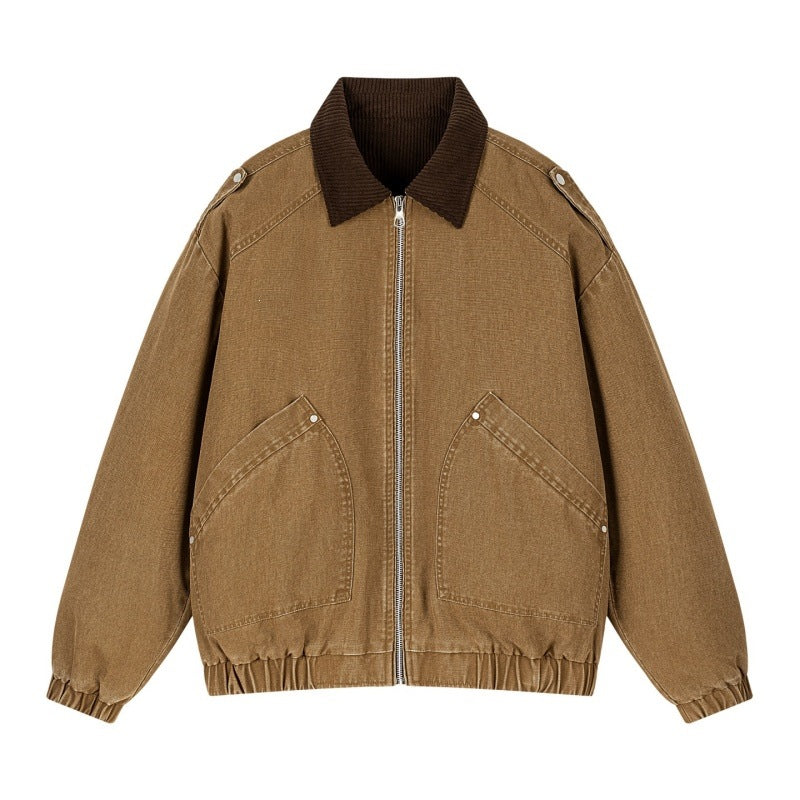 Men's Oversized Denim Bomber Jacket with Ribbed Collar, Elastic Hem & Slanted Flap Pockets Mune Fashion