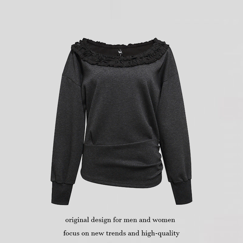 Women's sweatshirt with off-the-shoulder neckline, lace ruffle, and side gathers Mune Fashion