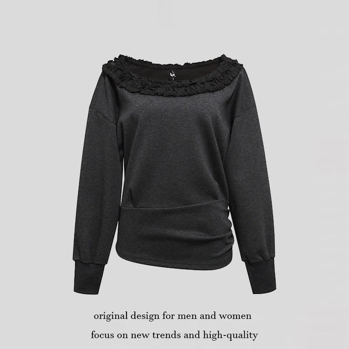 Women's sweatshirt with off-the-shoulder neckline, lace ruffle, and side gathers Mune Fashion