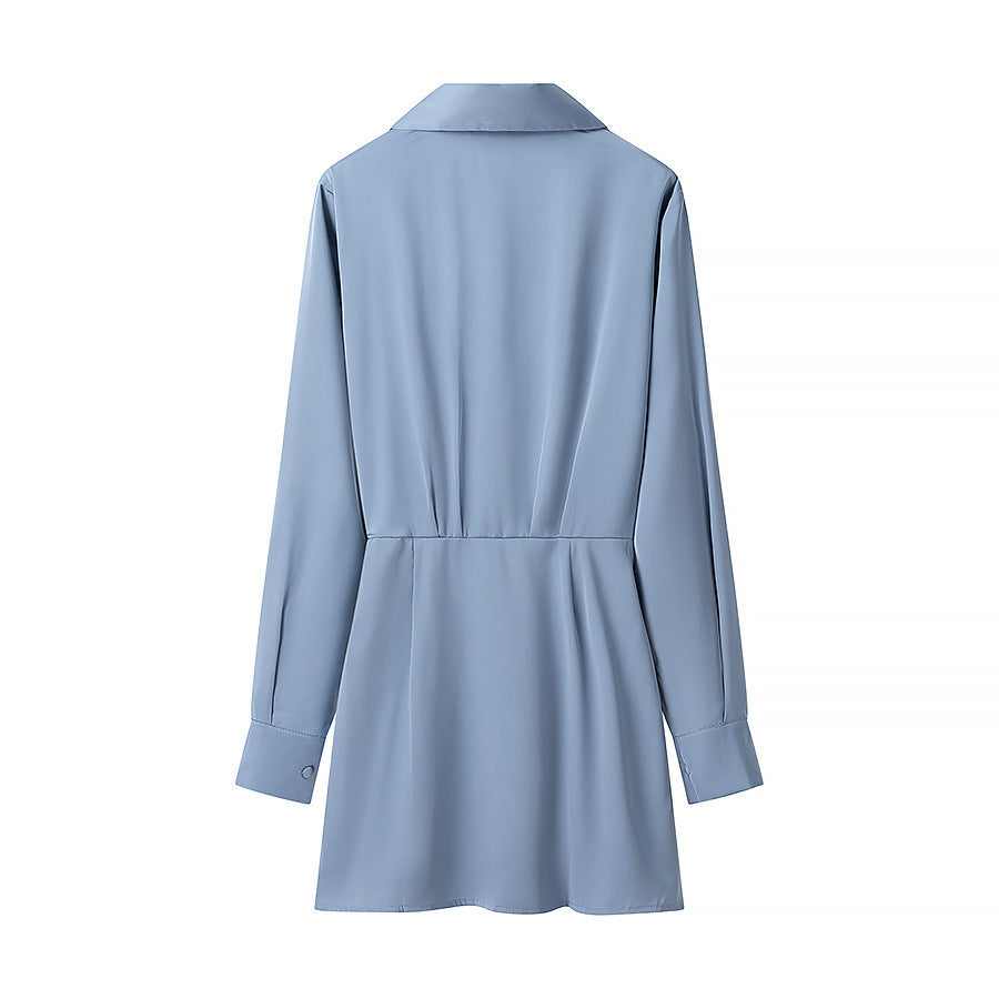 Women's fitted shirt mini dress with deep V-neck, gathered waistband and cuffed sleeves Mune Fashion