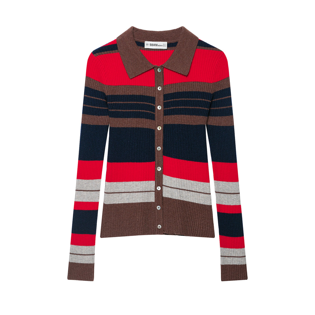 Women's Ribbed Button Knitted Cardigan with Large Shirt Collar and Stripe Structure Mune Fashion