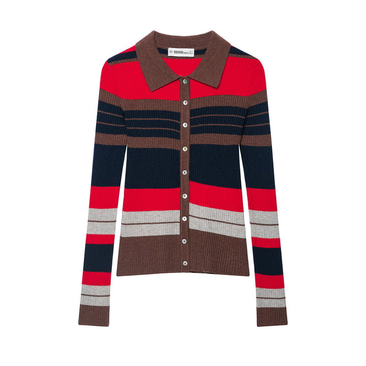Women's Ribbed Button Knitted Cardigan with Large Shirt Collar and Stripe Structure Mune Fashion
