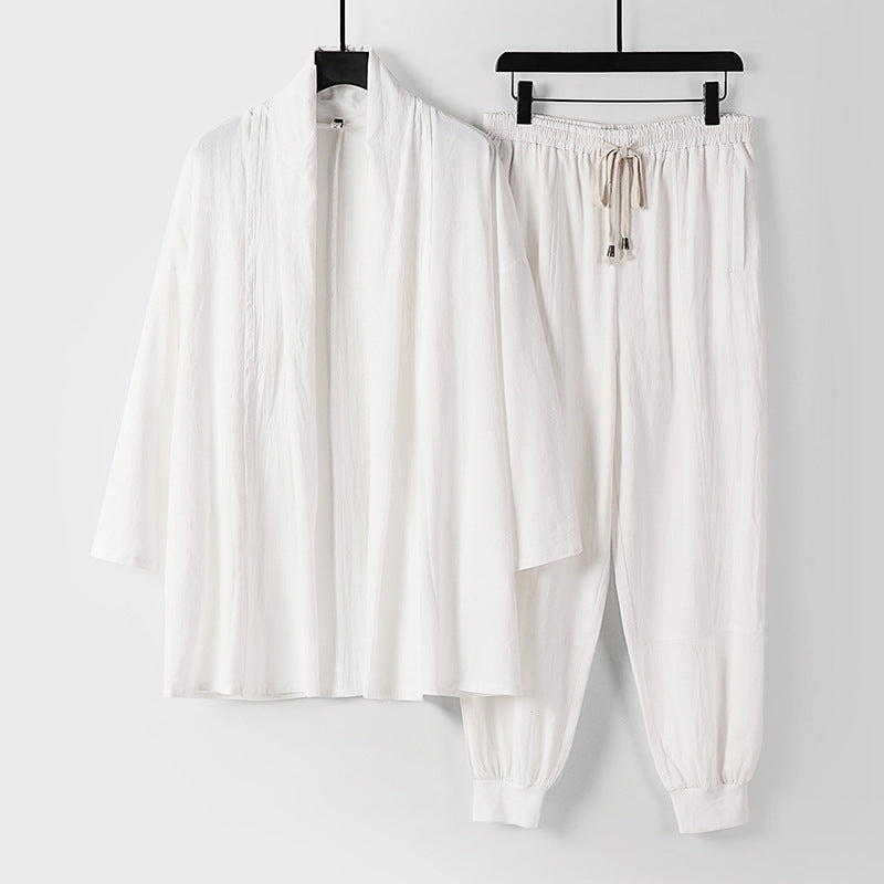 Unisex Airy Leisure Set in Kimono Style with Shawl Collar Jacket and Tapered Jogger Pants Mune Fashion