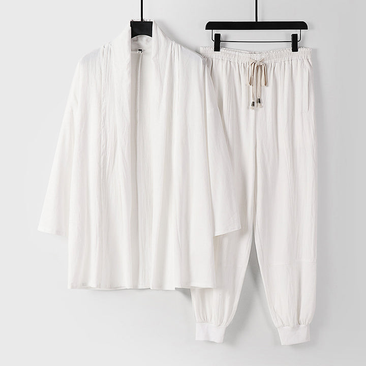 Unisex Airy Leisure Set in Kimono Style with Shawl Collar Jacket and Tapered Jogger Pants Mune Fashion