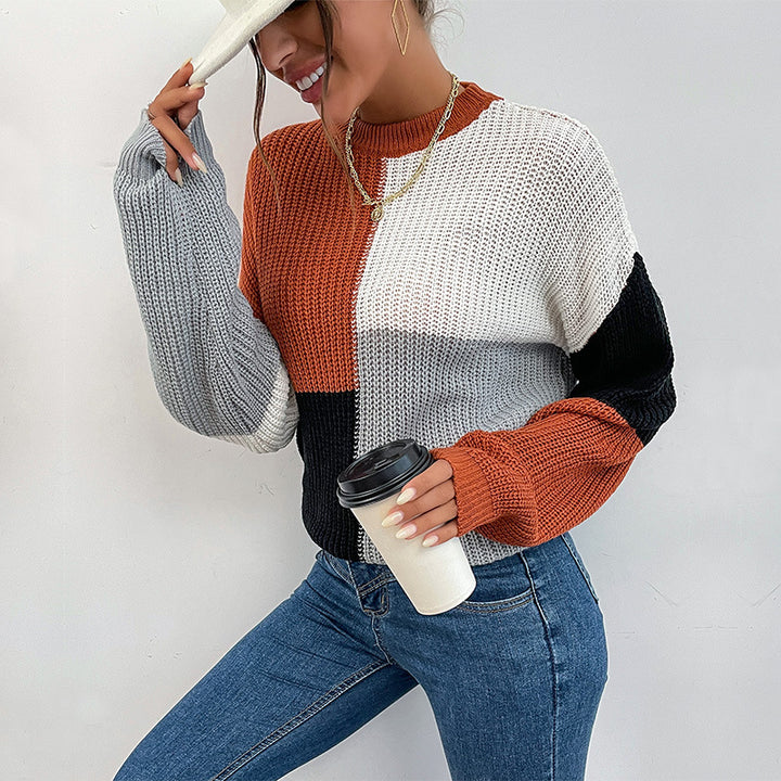 Women Chunky Knit Colorblock Sweater Oversized with Round Neck & Balloon Sleeves Mune Fashion