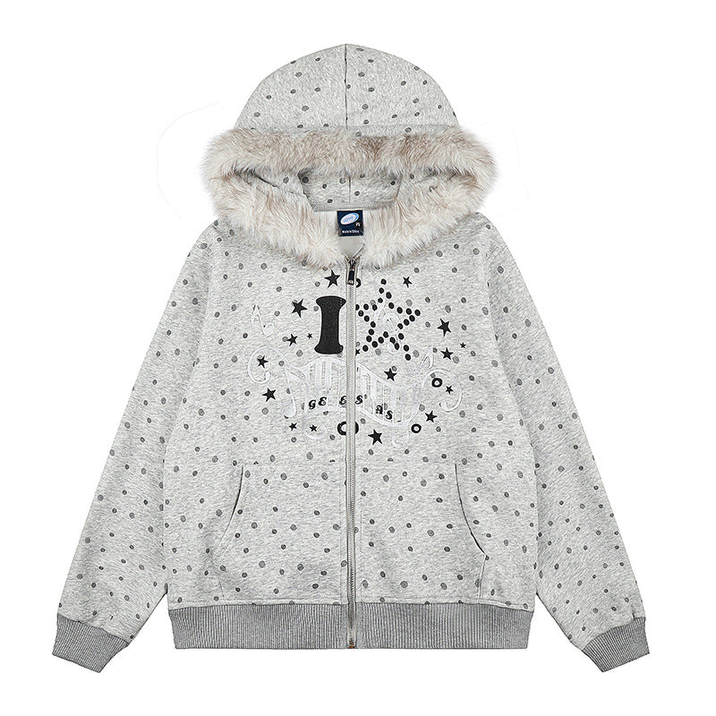 Women's Polka Dot Hooded Sweat Jacket with Faux Fur Trim, Full Zip and Kangaroo Pockets Mune Fashion