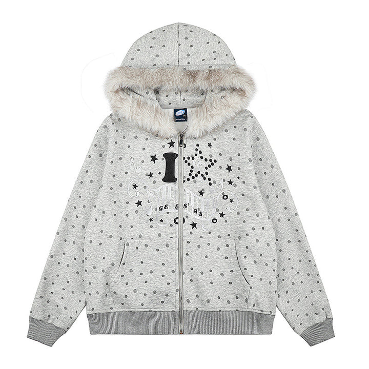Women's Polka Dot Hooded Sweat Jacket with Faux Fur Trim, Full Zip and Kangaroo Pockets Mune Fashion