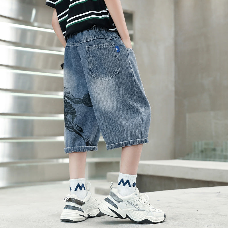 Boys casual denim shorts with creative comic print Mune Fashion