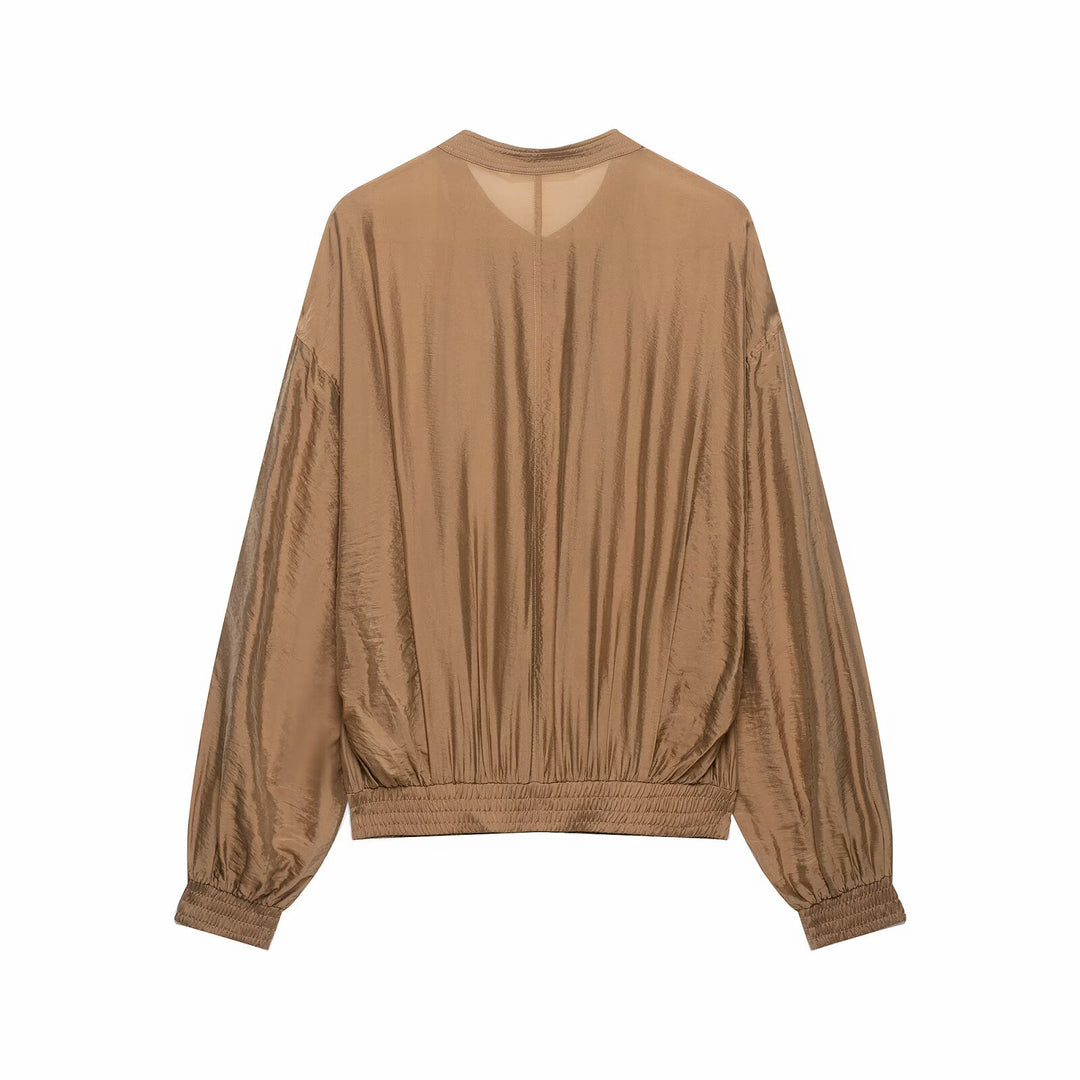 Women Pleated Blouson Top with Round Neckline, Balloon Sleeves and Smocked Hem Mune Fashion