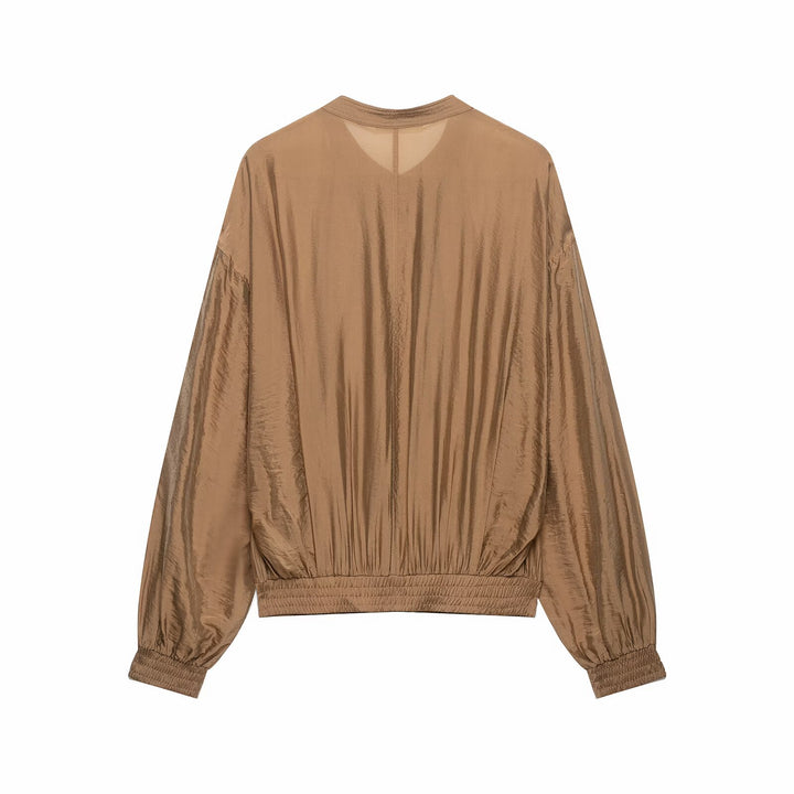 Women Pleated Blouson Top with Round Neckline, Balloon Sleeves and Smocked Hem Mune Fashion