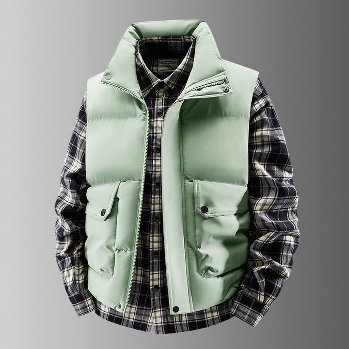 Men's Padded Quilted Vest with Utility Pockets and High Standing Collar Mune Fashion