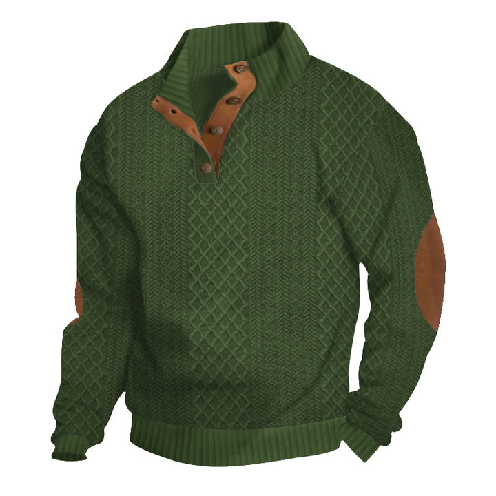 Men's coarse-knit pullover with standing collar, button placket, and elbow patches Mune Fashion