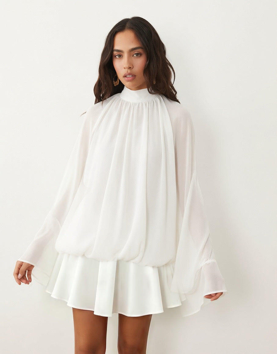 Women's chiffon mini dress with gathered blouse tunic, stand-up collar, and flounce skirt Mune Fashion
