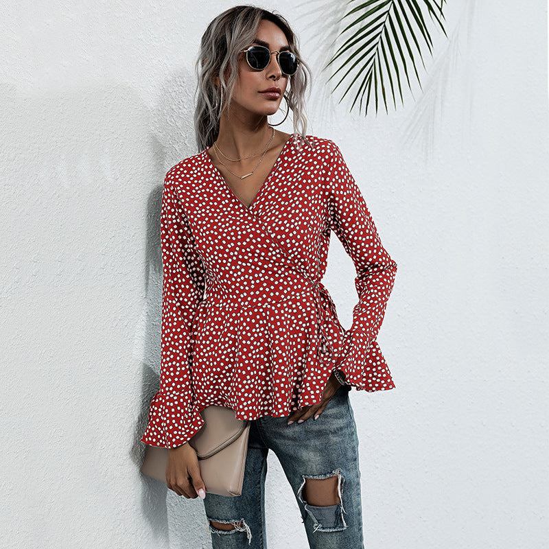 Women's Tailored Wrap Blouse with V-Neck, Allover Polka Dot Pattern and Flared Ruffle Sleeves Mune Fashion