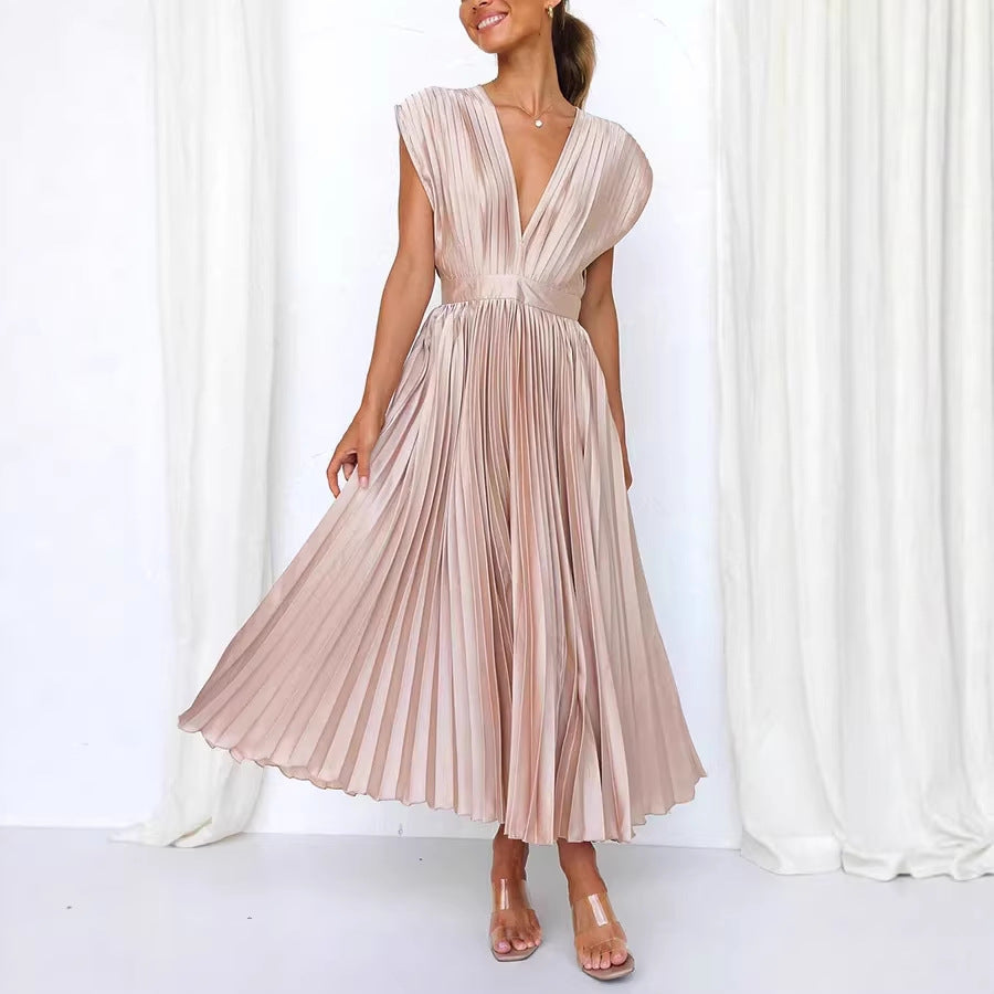Women's Pleated Midi Dress with Deep V-Neck and Waist Belt Drune