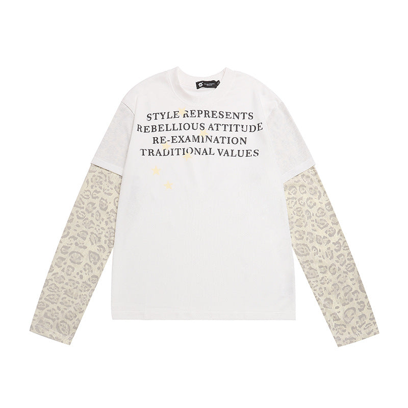 Women Layered Long Sleeve Shirt with Contrast Sleeves in Leopard Pattern and Statement Print Mune Fashion